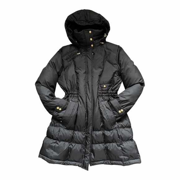 Cole Haan Jackets & Blazers - Cole Haan Signature Black Down Puffer Coat Cinch Waist Gold Hardware Hooded